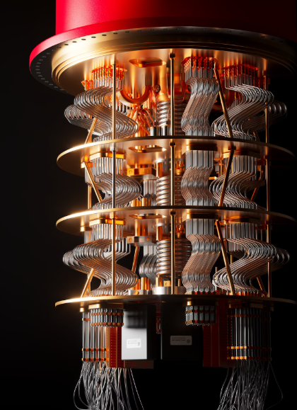 Esse é um computador quântico moderno, com estrutura metálica em camadas e fios supercondutores usados para operar qubits em temperaturas quase zero absoluto. Ele precisa estar extremamente frio e isolado para realizar cálculos que os computadores normais não conseguem.