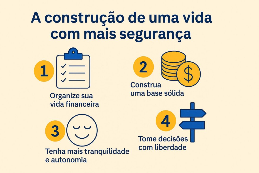 Infográfico sobre como a construção de uma vida com mais segurança envolve trabalho e investimentos.