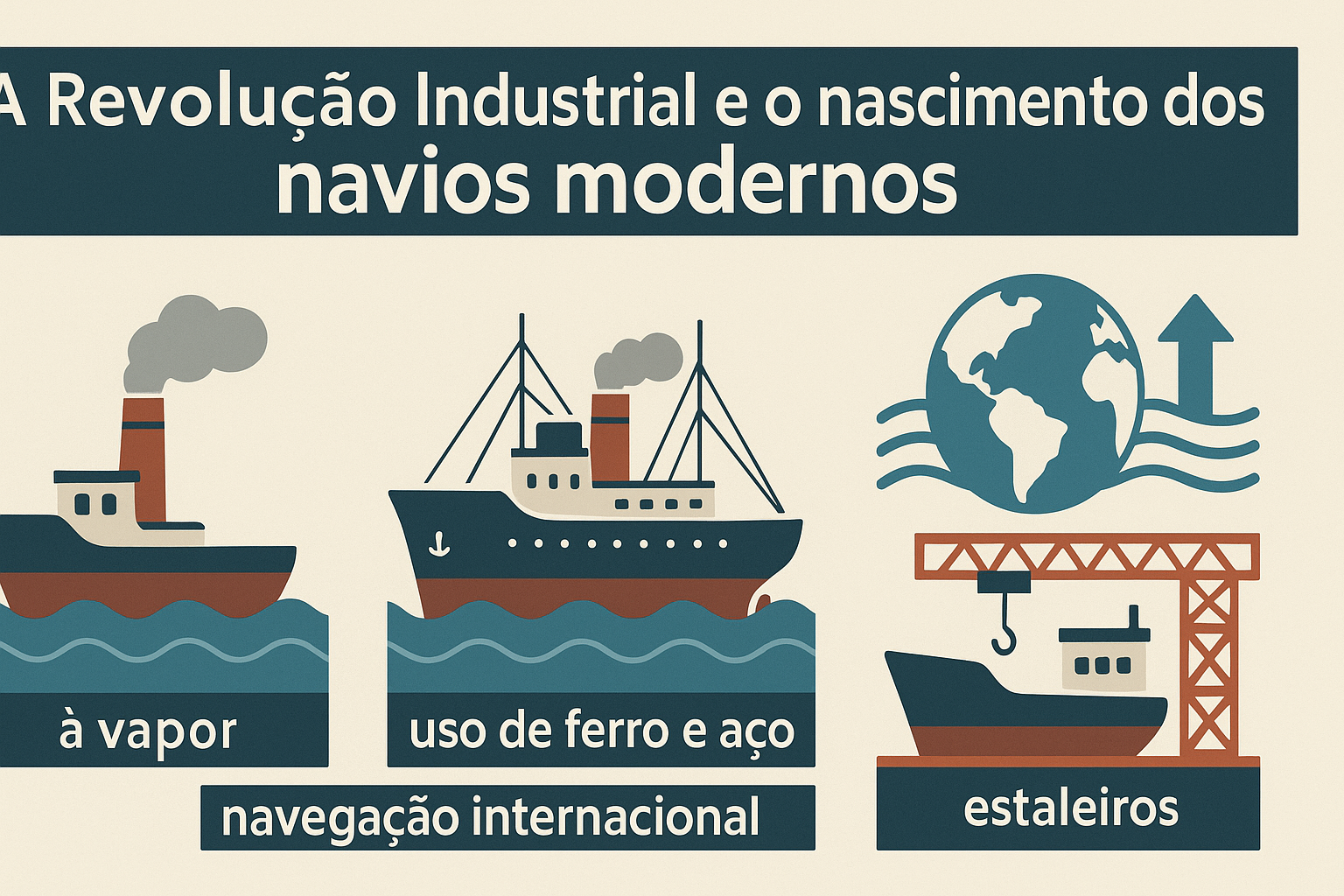 Infográfico ilustrando a evolução da indústria naval durante a Revolução Industrial, com destaque para navios a vapor, uso de ferro e aço, navegação internacional e estaleiros modernos.
