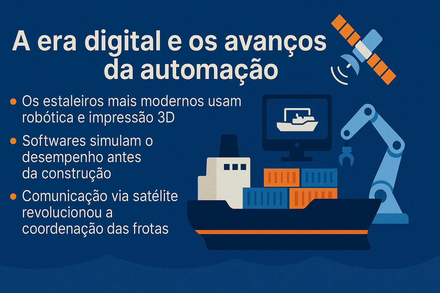 Infográfico em estilo flat sobre a era digital e os avanços da automação na indústria naval, com ícones de satélite, navio, braço robótico e computador, acompanhados de texto explicativo.