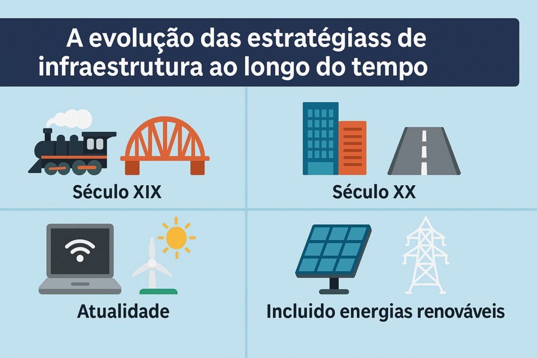 Infográfico em estilo flat que mostra a evolução das estratégias de infraestrutura desde a Antiguidade até os tempos modernos, destacando marcos como o Império Romano, Revolução Industrial, planejamento urbano e cidades inteligentes.