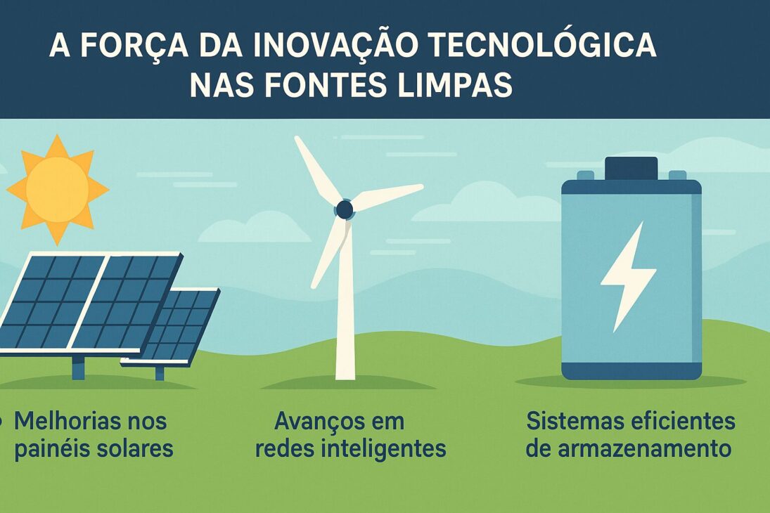 Infográfico em estilo flat destacando inovações tecnológicas nas fontes de energia limpa, como energia solar, eólica e sistemas de armazenamento, com ícones e gráficos coloridos em tons de azul, verde e amarelo.