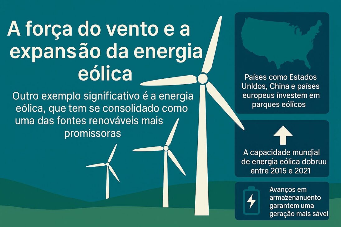 Infográfico em estilo plano com torres eólicas e dados sobre a expansão da energia eólica no mundo.