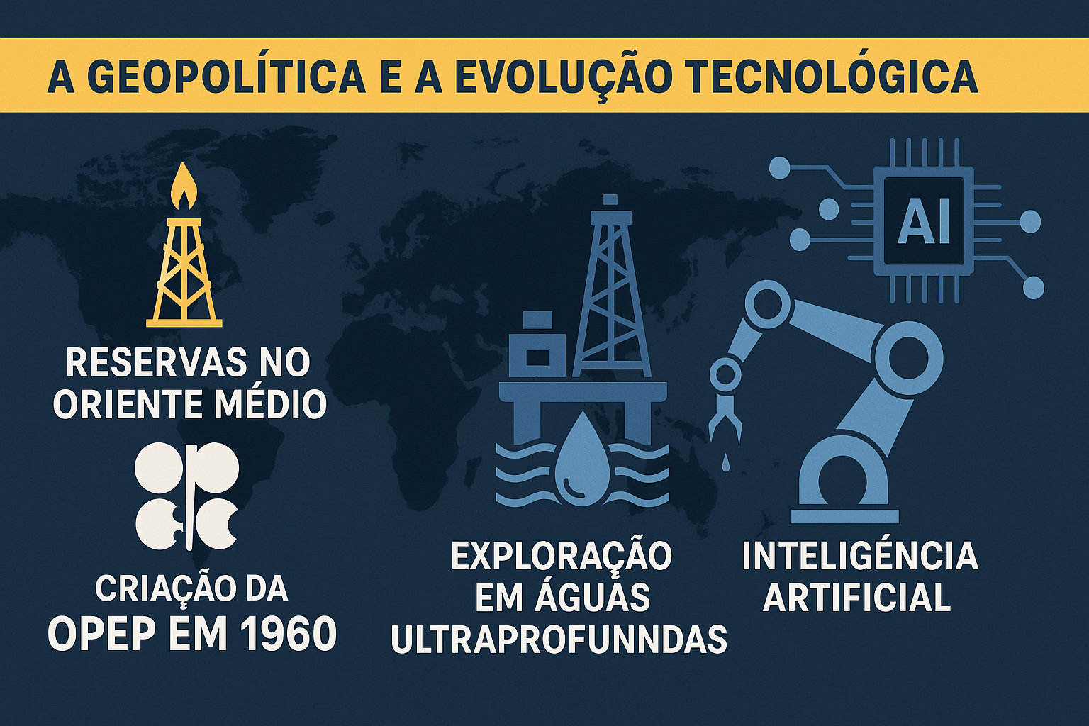 Infográfico sobre a geopolítica e a evolução tecnológica no setor de petróleo e gás, com ícones representando reservas no Oriente Médio, a criação da OPEP, exploração em águas ultraprofundas e inteligência artificial.