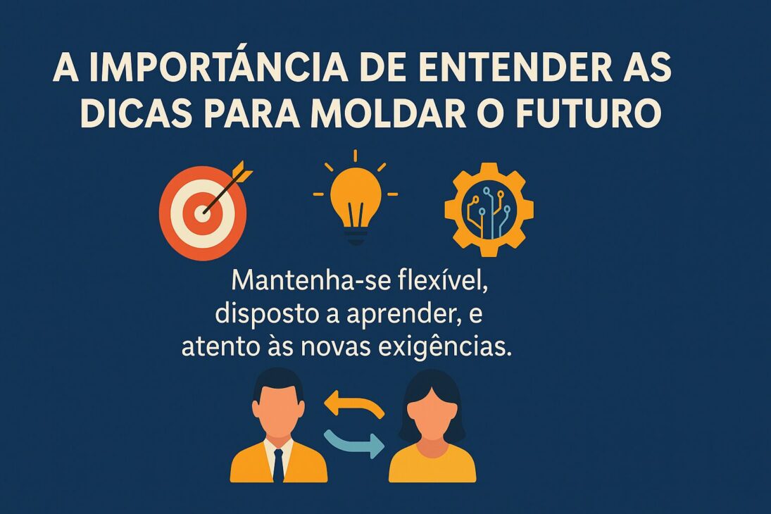 Infográfico em estilo flat sobre a importância de compreender as dicas do mercado de trabalho para moldar o futuro profissional, com ícones centralizados representando tecnologia, habilidades e evolução.
