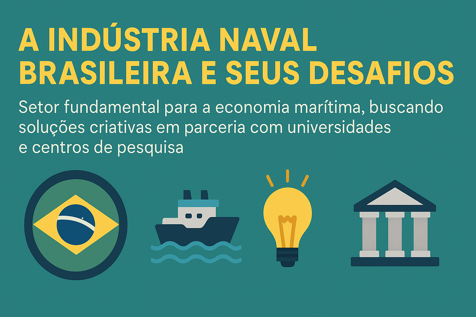 Infográfico sobre a indústria naval brasileira, com fundo verde, bandeira do Brasil, ícones de navio, lâmpada e prédio institucional, destacando parcerias com universidades e centros de pesquisa.