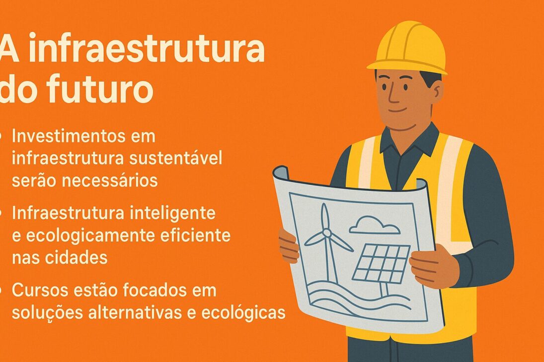 Infográfico com fundo laranja apresentando um trabalhador segurando uma planta com ícones de energia renovável, ao lado de três tópicos sobre infraestrutura sustentável, inteligente e ecológica.