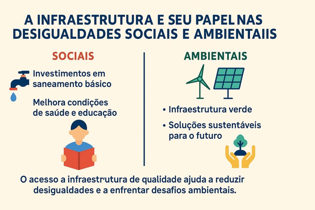Infográfico dividido em duas colunas mostrando o papel da infraestrutura na redução das desigualdades sociais e ambientais, com ícones de torneira, estudante, turbina e painel solar.