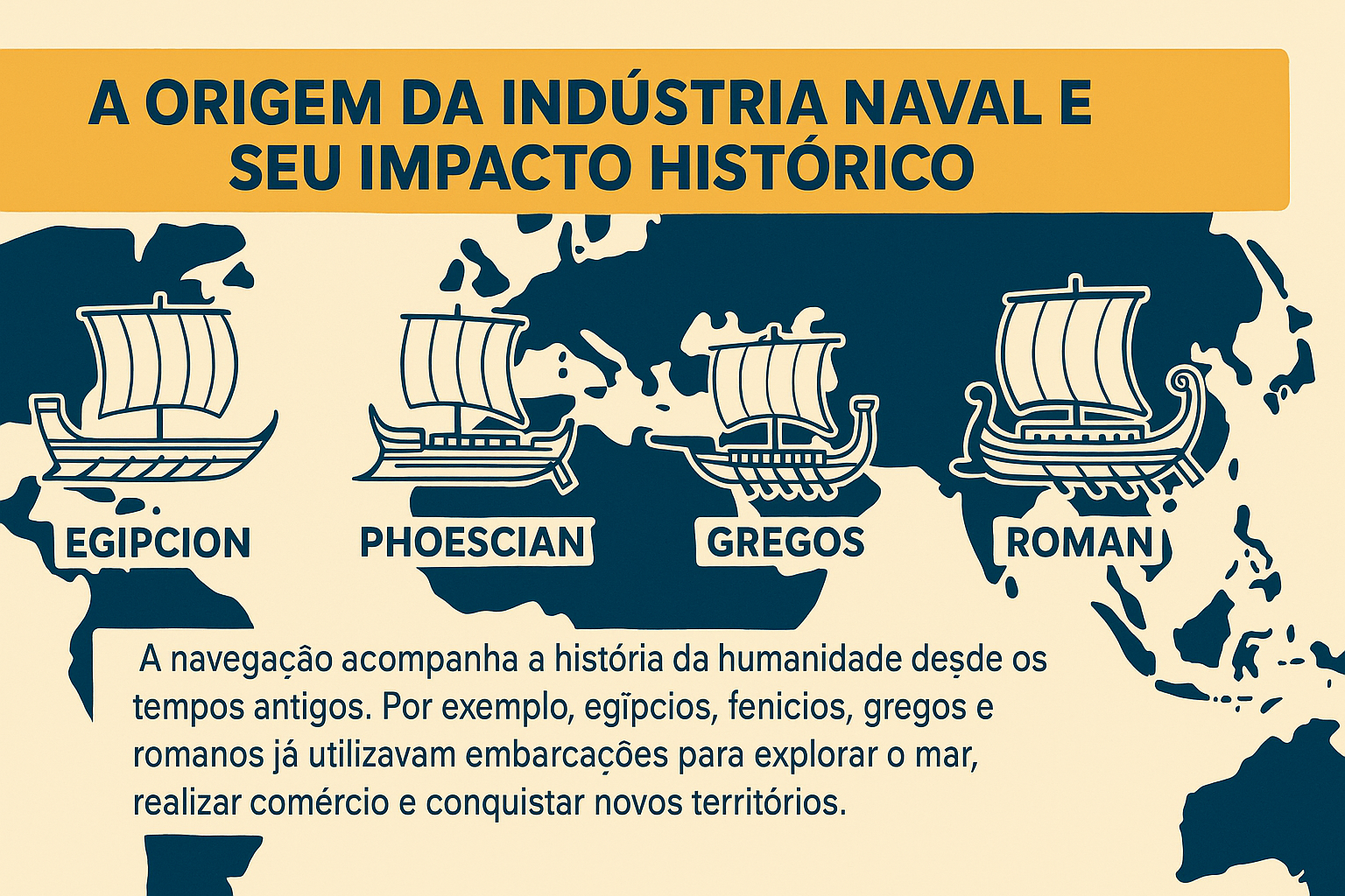 Infográfico ilustrando a origem da indústria naval com desenhos de embarcações egípcia, fenícia, grega e romana sobre um mapa-múndi estilizado.