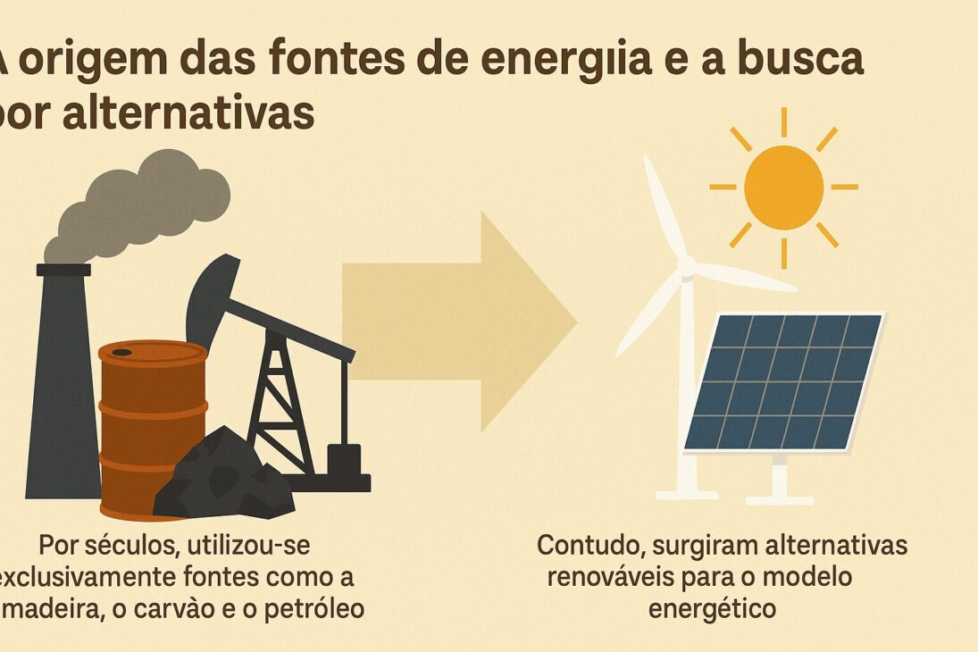 Ilustração comparativa entre fontes de energia fósseis, como carvão e petróleo, e fontes renováveis, como solar e eólica, com uma seta indicando a transição entre elas.