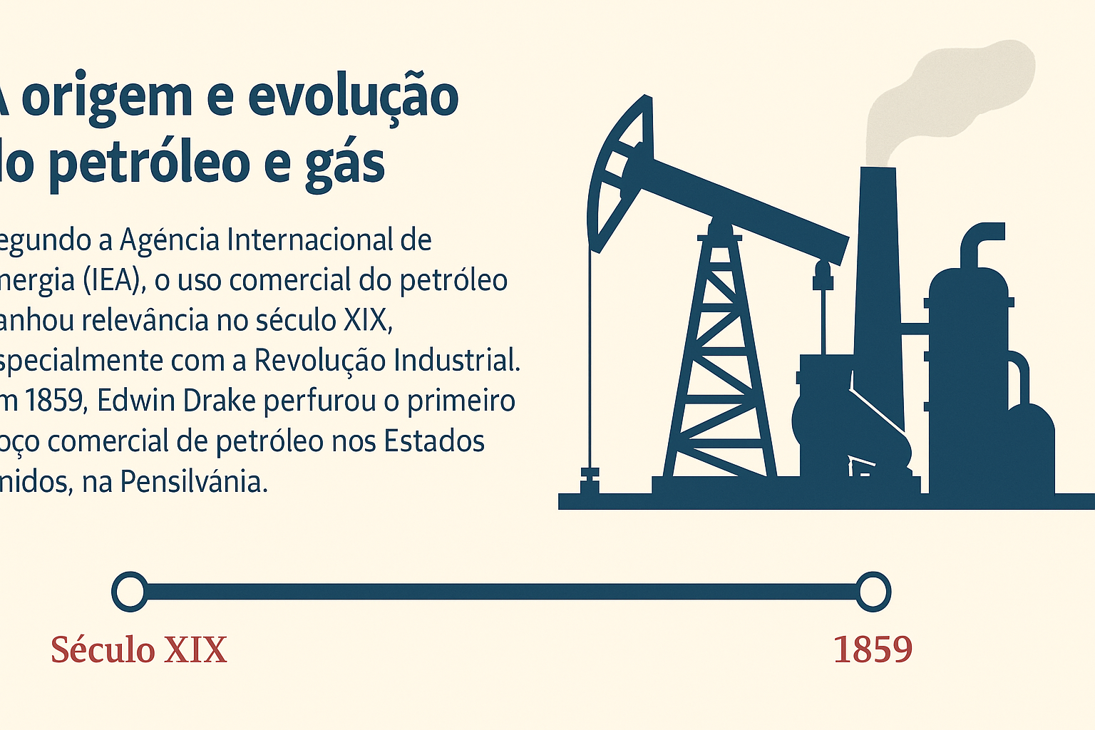 Infográfico ilustrando a origem e evolução do petróleo e gás, com destaque para a Revolução Industrial e o primeiro poço perfurado por Edwin Drake em 1859.