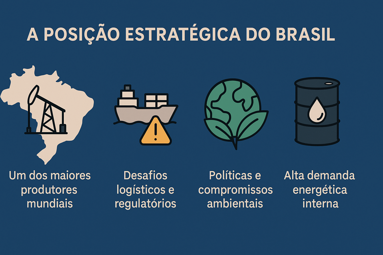 Infográfico ilustrando a posição estratégica do Brasil no setor de petróleo e gás, com quatro ícones representando: produção mundial, desafios logísticos, políticas ambientais e demanda interna.