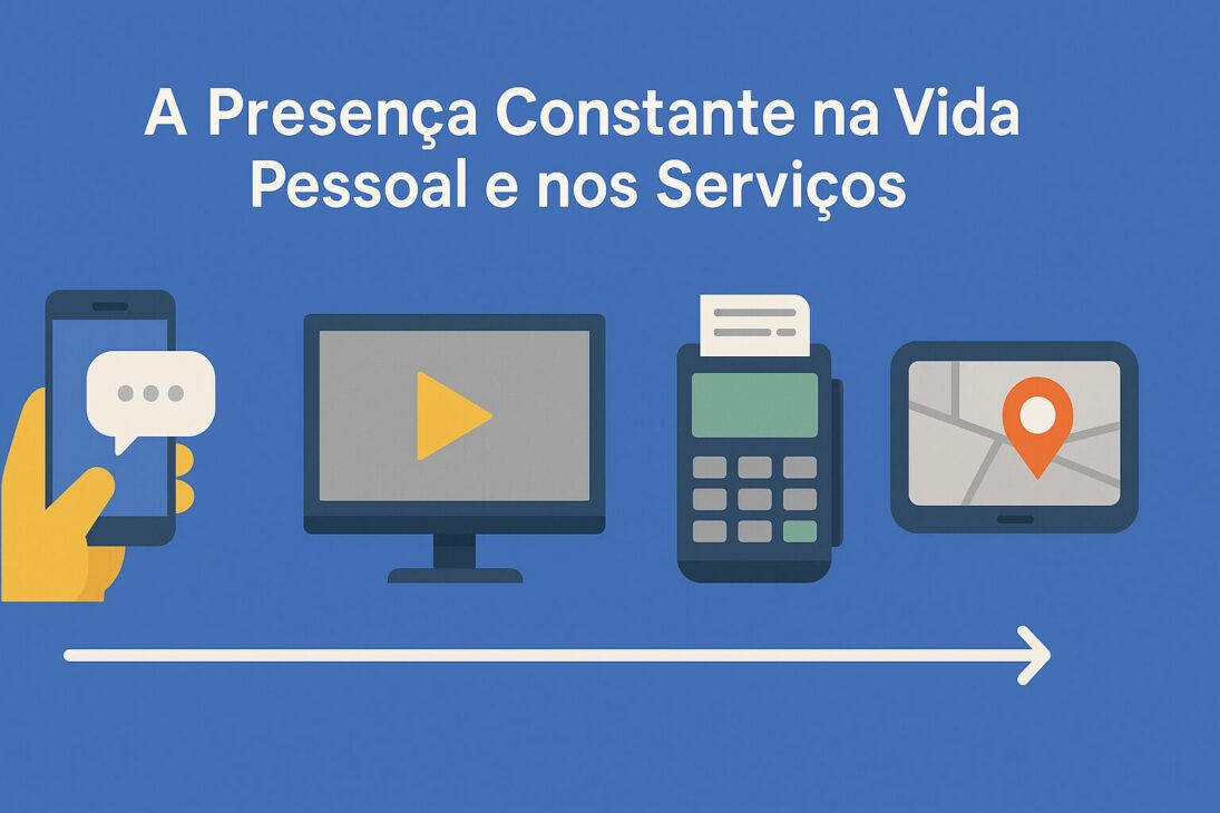 Infográfico colorido com ícones de smartphone, televisão, terminal de pagamento e GPS, representando o uso diário da tecnologia na vida pessoal e em serviços.