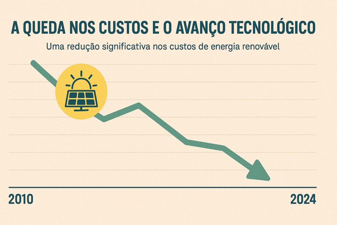 Infográfico em formato horizontal mostrando uma linha descendente de 2010 a 2024, representando a queda nos custos de energia renovável, com ícones de energia solar.