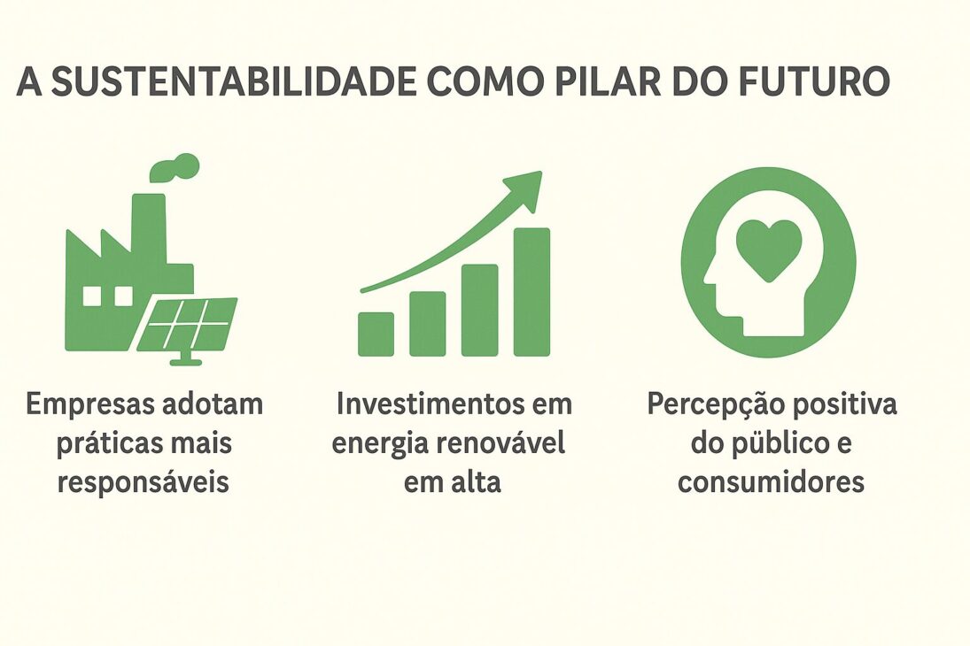 Infográfico com ícones e dados sobre práticas empresariais sustentáveis, investimentos em energia renovável e a percepção positiva do consumidor.