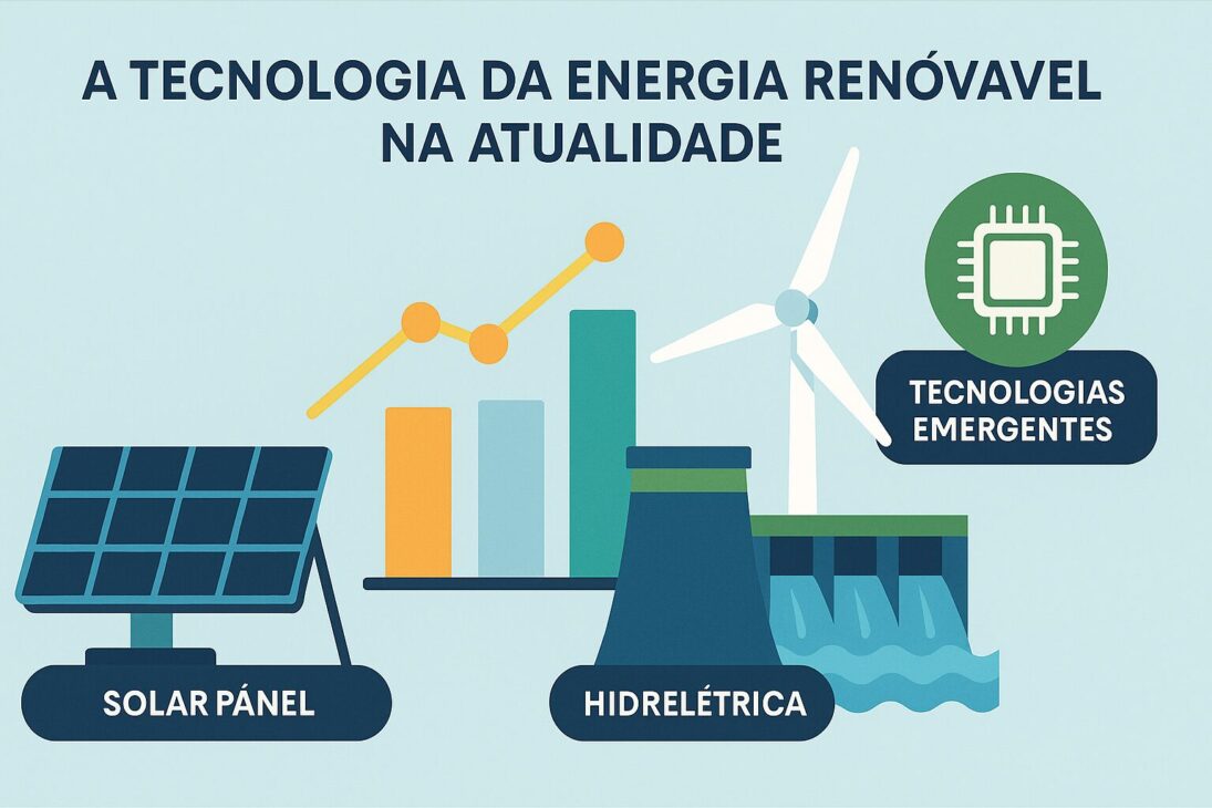 Infográfico mostrando tecnologias atuais de energia renovável com ícones de painel solar, turbina eólica, hidrelétrica e chip representando inovações emergentes.