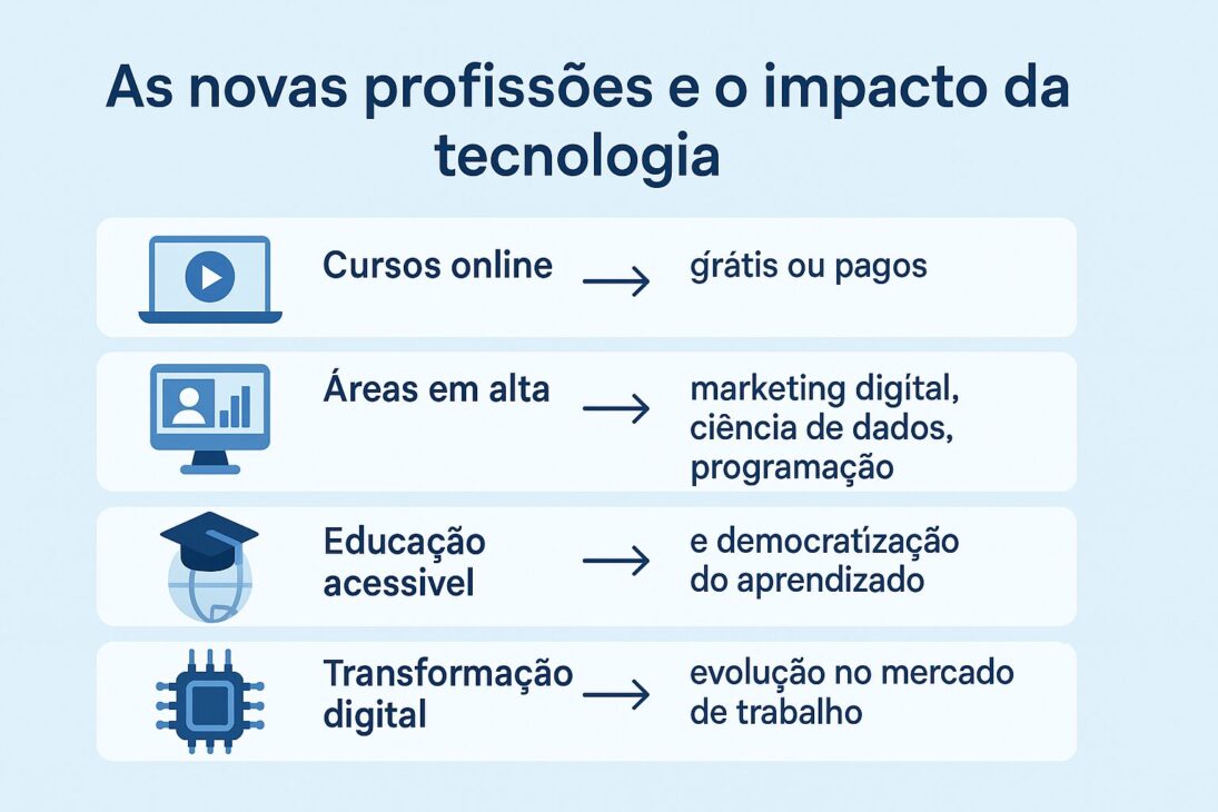 Infográfico sobre novas profissões e o impacto da tecnologia no mercado de trabalho.