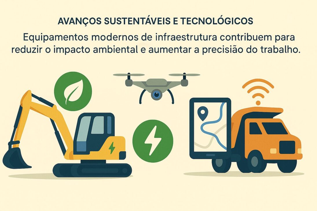 Infográfico ilustrativo sobre avanços sustentáveis e tecnológicos no setor de infraestrutura, com ícones representando energia limpa, máquinas elétricas, telemetria, drones e economia circular.