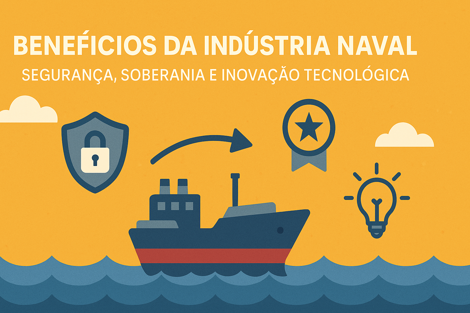 Infográfico ilustrado com navio, escudo com cadeado, medalha com estrela e lâmpada, representando segurança, soberania e inovação tecnológica na indústria naval.