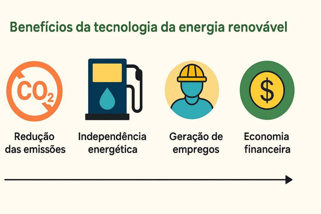 Infográfico com quatro benefícios da tecnologia da energia renovável: redução das emissões, independência energética, geração de empregos e economia financeira, ilustrados com ícones coloridos.