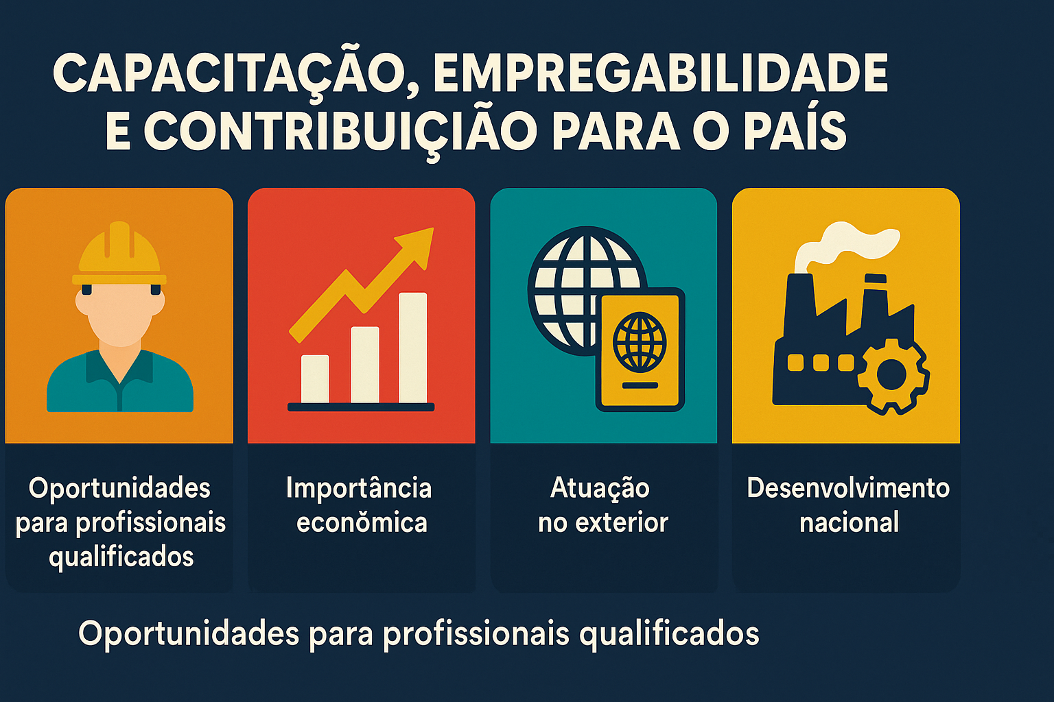 Infográfico ilustrando os impactos da capacitação na empregabilidade e contribuição para o país, com ícones sobre oportunidades profissionais, importância econômica, atuação internacional e desenvolvimento nacional.