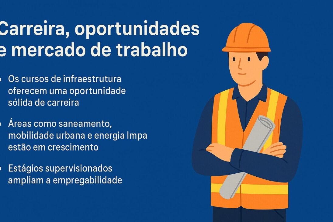 Infográfico com fundo azul apresentando um profissional da construção civil segurando um projeto, ao lado de três tópicos sobre oportunidades de carreira em infraestrutura.