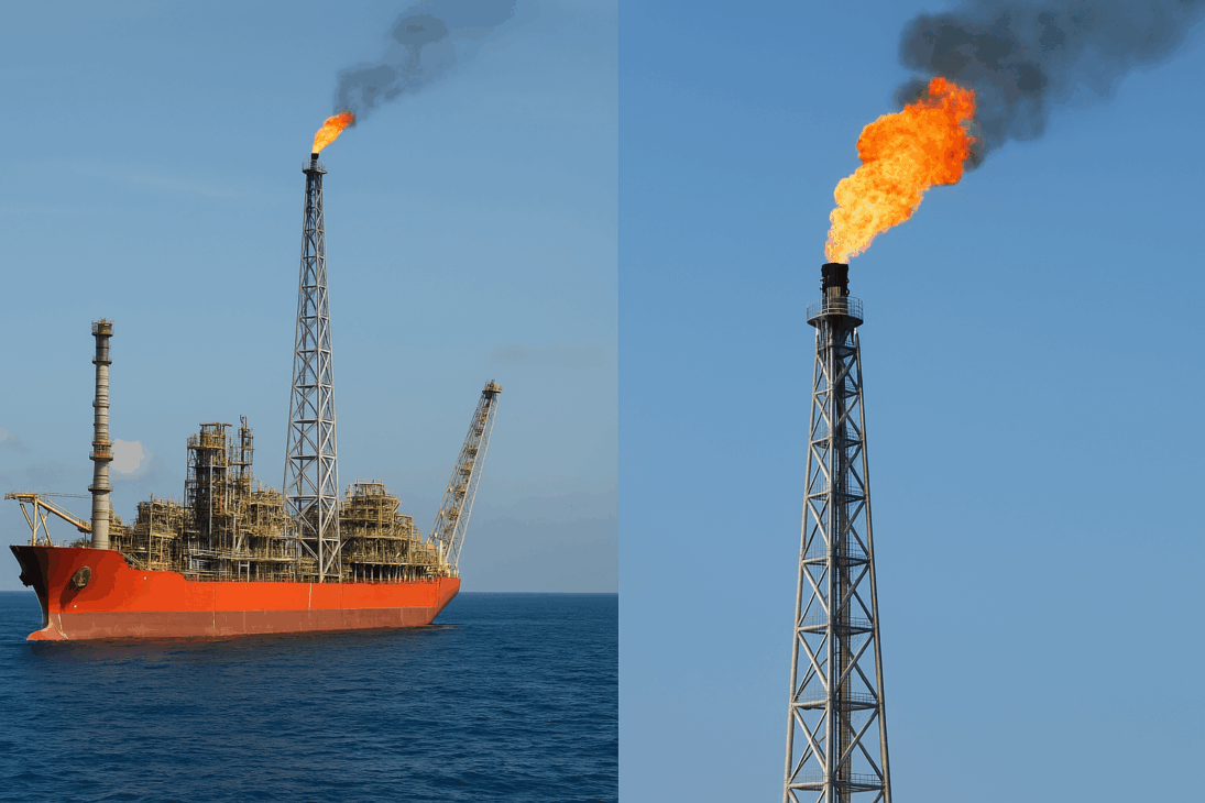 Imagem de um FPSO com torre de flare queimando e detalhe ampliado da queima