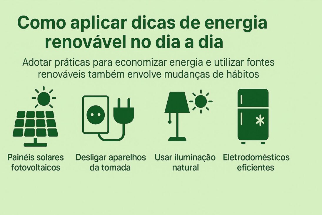 Infográfico com quatro dicas de como aplicar energia renovável no dia a dia, incluindo o uso de painéis solares, desligar aparelhos da tomada, aproveitar iluminação natural e utilizar eletrodomésticos eficientes.