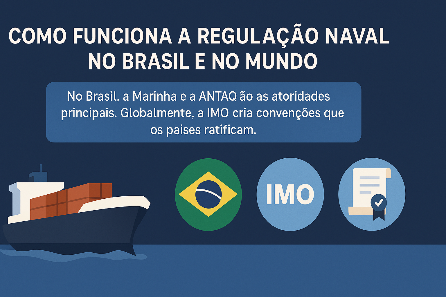 Infográfico horizontal com fundo azul, apresentando um navio cargueiro, ícones da bandeira do Brasil, da IMO (Organização Marítima Internacional) e de um documento com selo de aprovação. O texto central informa que no Brasil a Marinha e a ANTAQ são as principais autoridades, enquanto globalmente a IMO define convenções ratificadas pelos países.