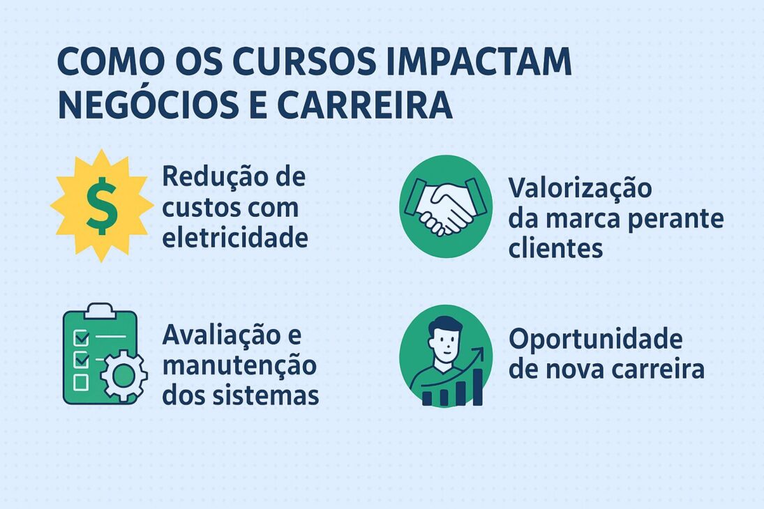 Infográfico em português mostrando como os cursos de energia renovável impactam negócios e carreiras, com ícones e seções sobre redução de custos, valorização da marca, oportunidades de emprego e autonomia técnica.