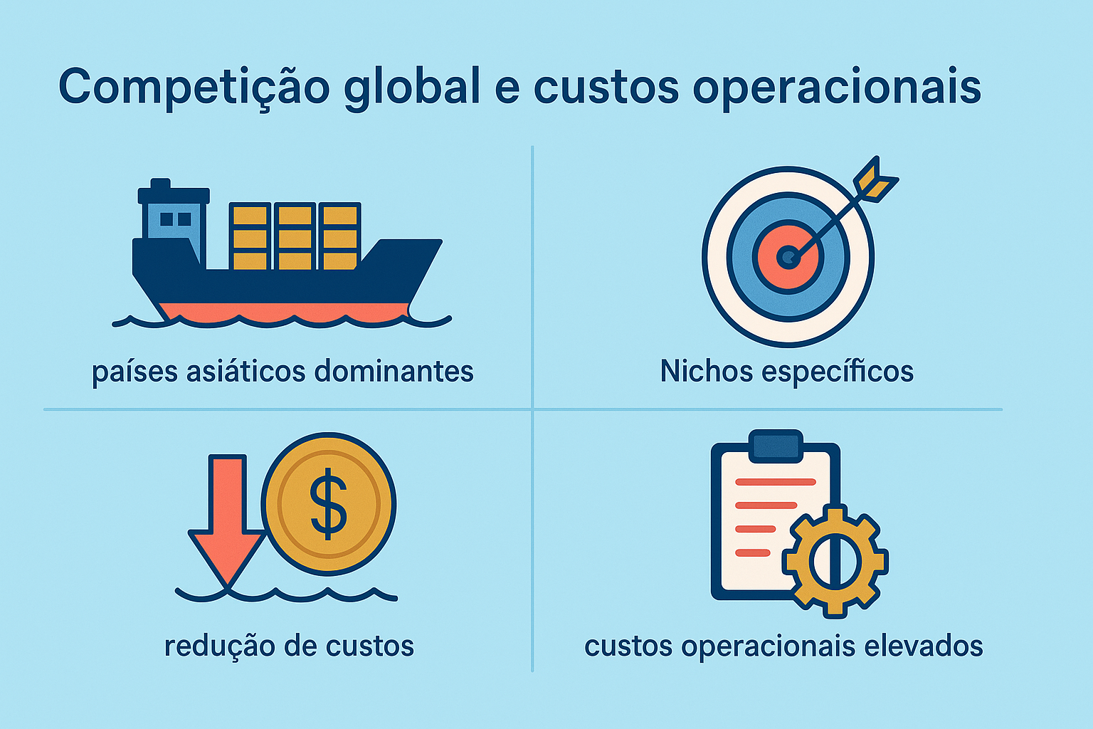 Infográfico destacando os principais fatores relacionados à competição global e aos custos operacionais na indústria naval, com ícones de navio, alvo, moeda e prancheta com engrenagem.