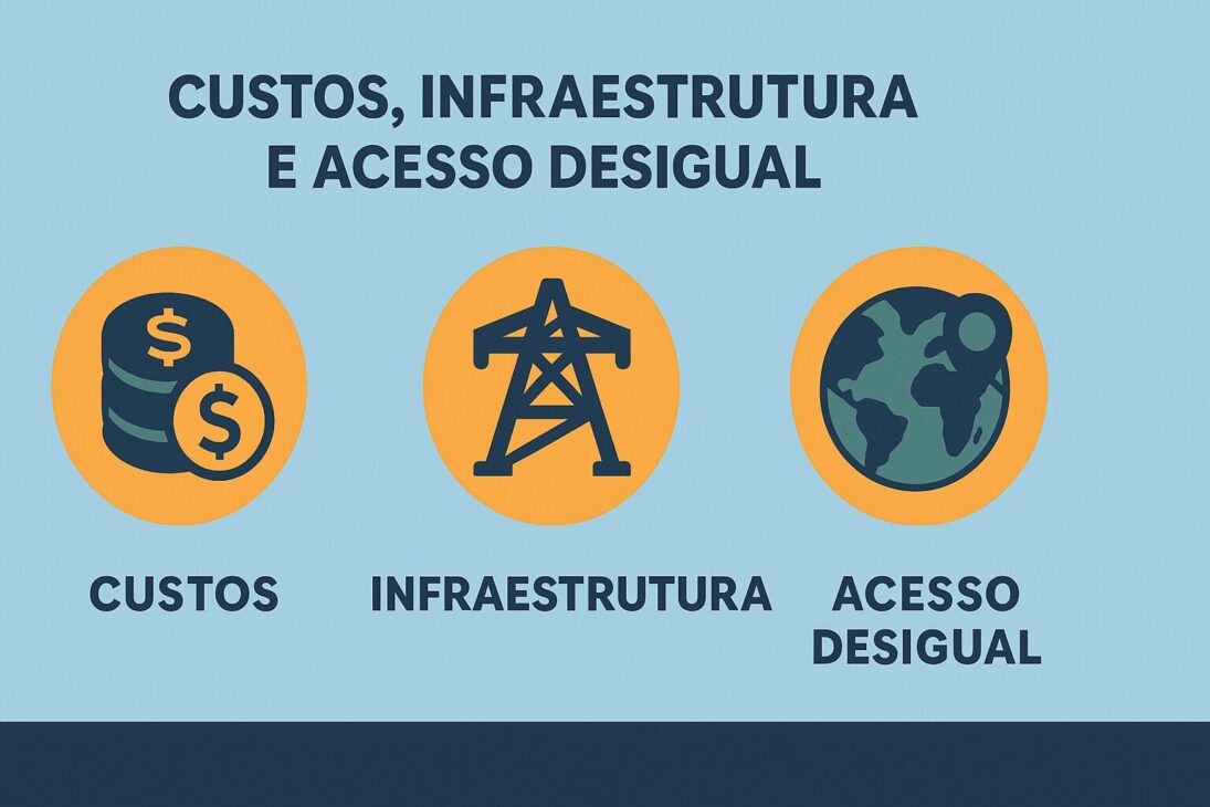 Infográfico sobre custos, infraestrutura e acesso desigual na energia renovável, com ícones representando moedas, torre de energia e planeta Terra.