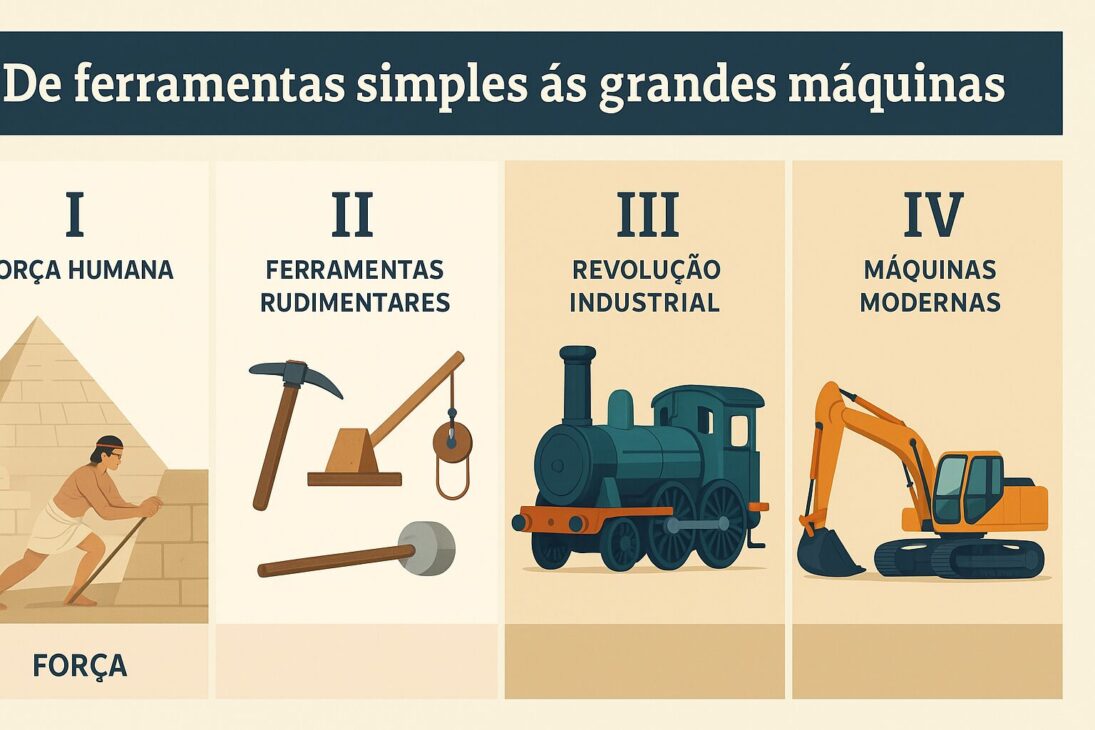 Infográfico ilustrando a evolução dos equipamentos de infraestrutura, desde a força humana até máquinas modernas como escavadeiras.