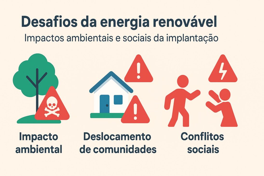 Infográfico ilustrando os principais impactos ambientais e sociais da implantação da energia renovável, como impacto ambiental, deslocamento de comunidades e conflitos sociais.