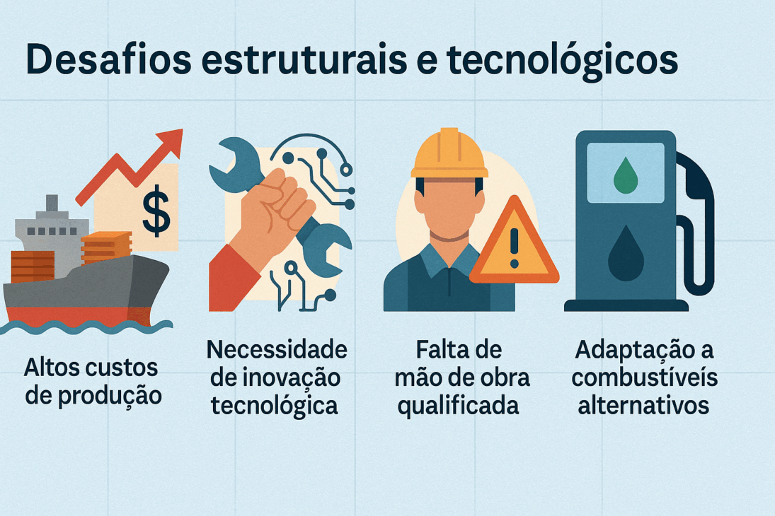 Infográfico ilustrando os principais desafios estruturais e tecnológicos da indústria naval com ícones representando custos, tecnologia, mão de obra e combustíveis alternativos.