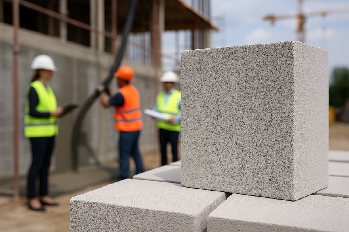 Bloco de concreto celular Ecopore com textura porosa em destaque em um canteiro de obras, simbolizando leveza, eficiência e sustentabilidade na construção civil