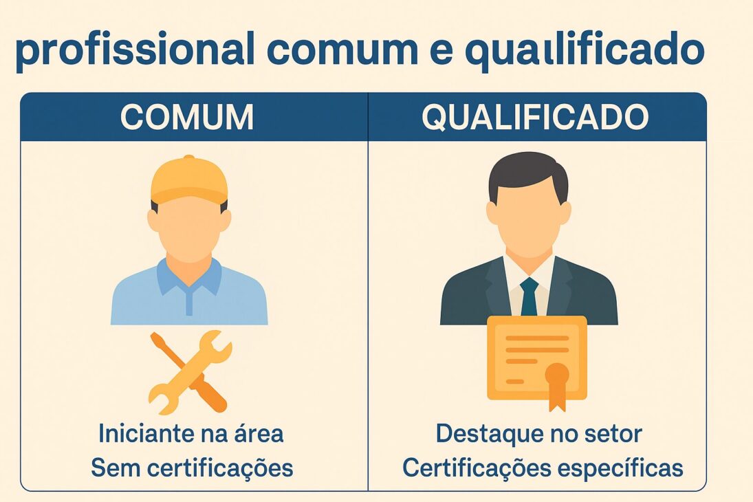 Infográfico comparando o profissional comum e o qualificado, com ilustrações e descrições visuais em estilo flat design.