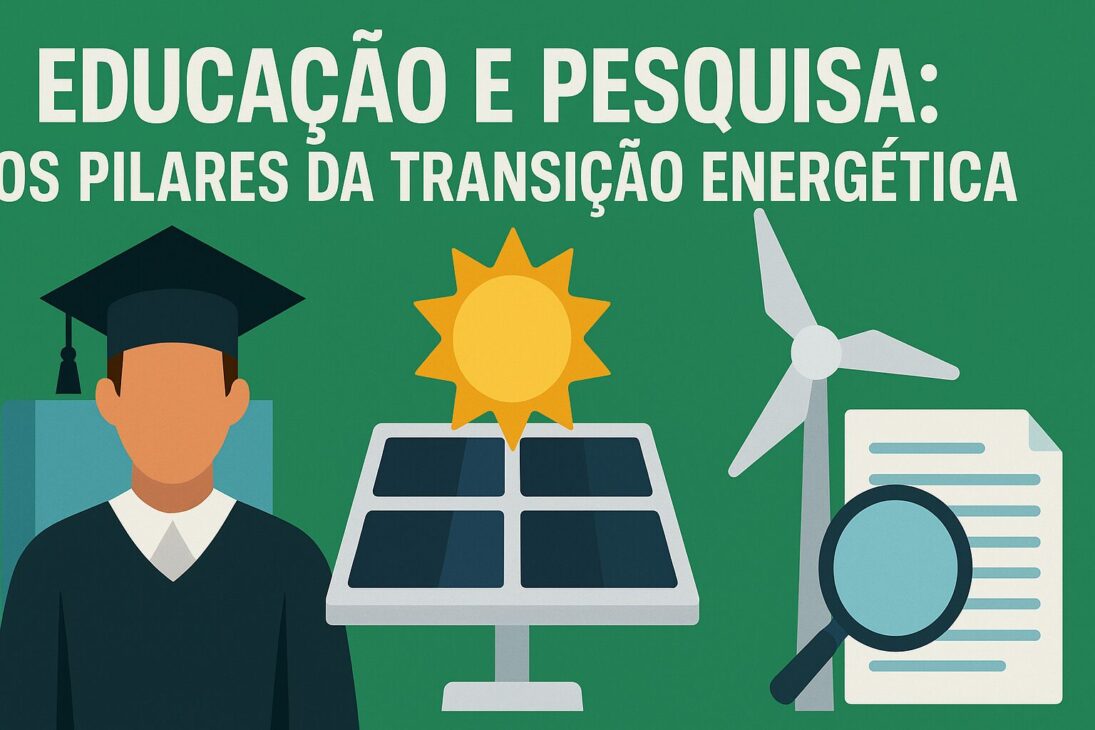 Infográfico ilustrando o papel da educação e da pesquisa na transição energética, com ícones de estudante, turbinas eólicas, painéis solares e documentos científicos em um layout colorido e moderno.