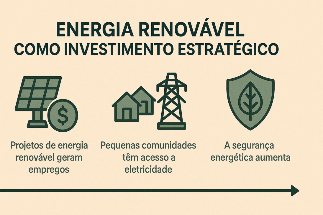 Infográfico horizontal destacando os benefícios estratégicos da energia renovável, com ícones de painel solar, casas, torre de energia e escudo com folha.
