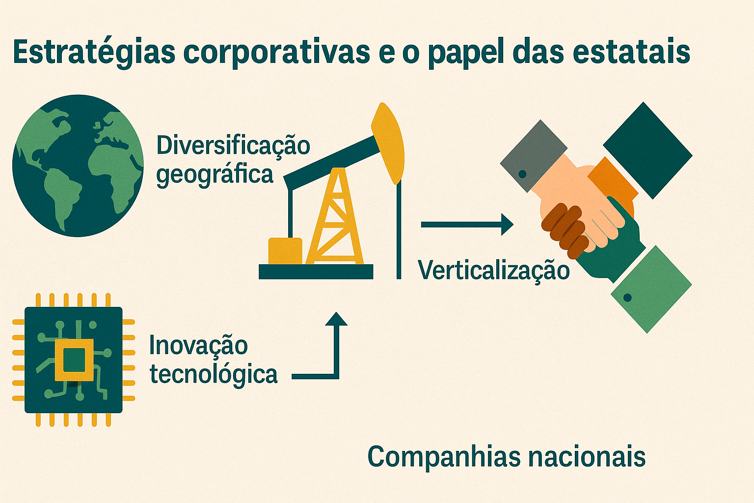 Infográfico ilustrando as estratégias corporativas e o papel das estatais no setor de petróleo e gás, com ícones representando diversificação geográfica, inovação tecnológica, verticalização e companhias nacionais.