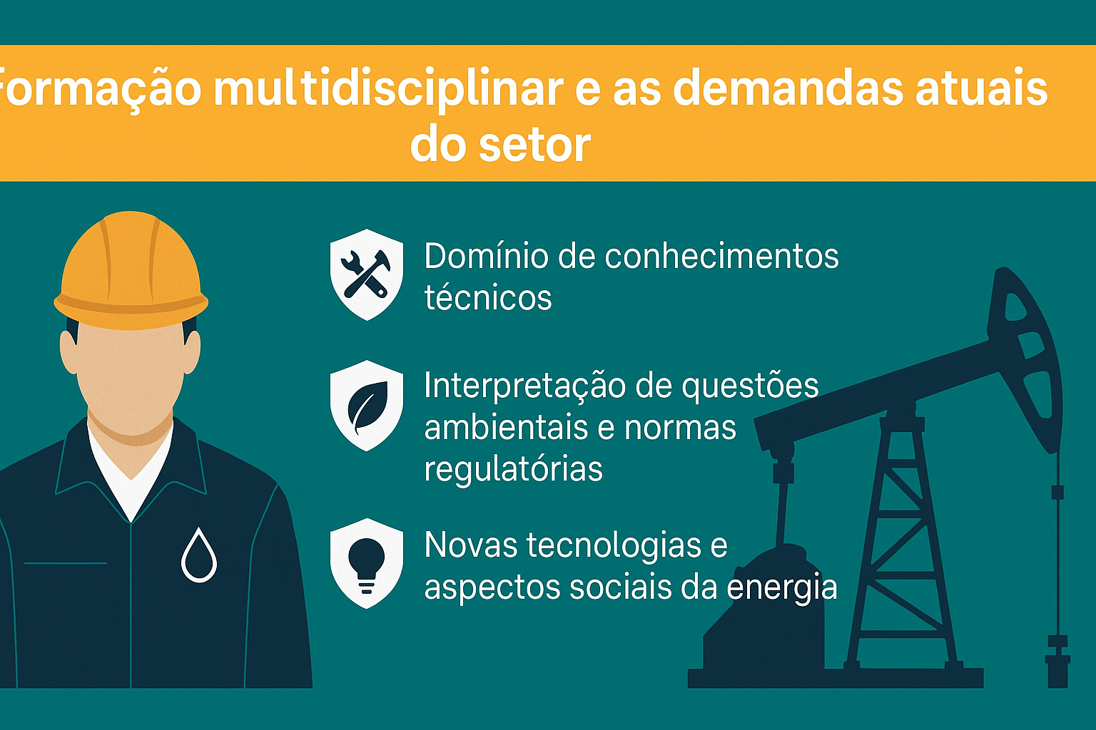 Infográfico de um trabalhador do setor energético com capacete, ao lado de ícones representando habilidades técnicas, ambientais e sociais, com uma torre de extração de petróleo ao fundo.