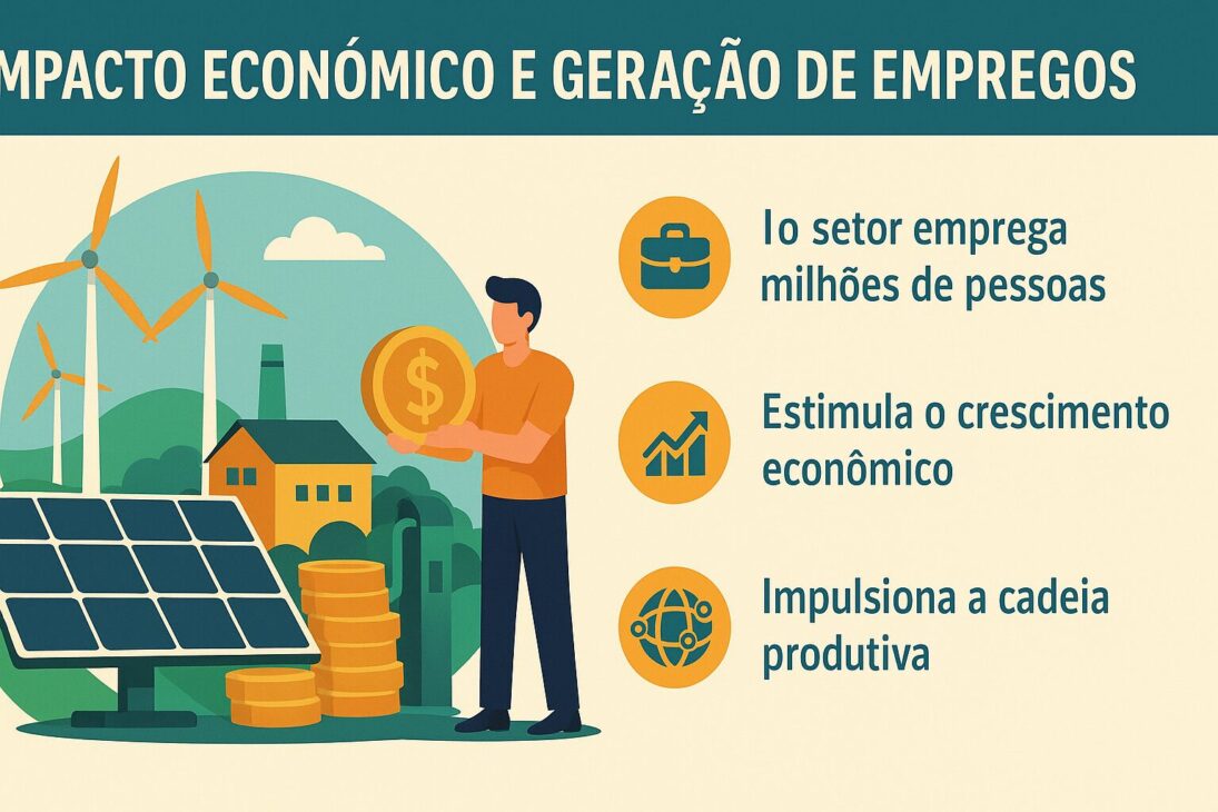 Infográfico ilustrando o impacto econômico da energia renovável, com ícones de emprego, crescimento econômico e cadeia produtiva ao lado de painéis solares, turbinas eólicas e pilhas de moedas.