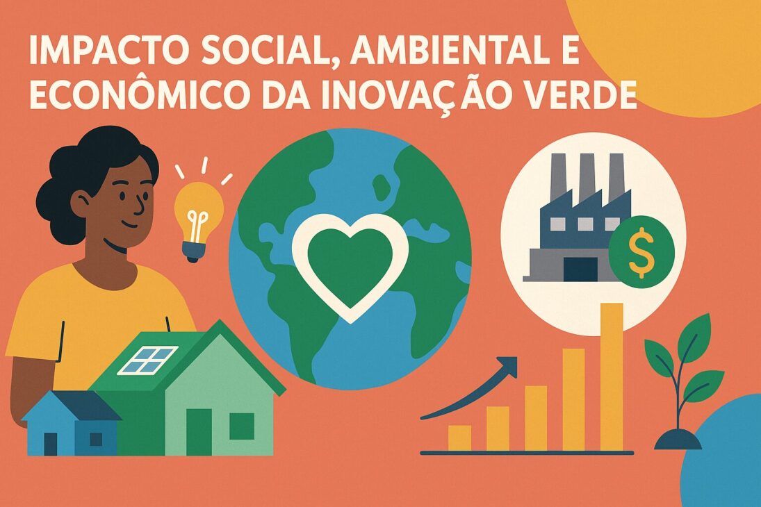 Infográfico ilustrando o impacto social, ambiental e econômico da inovação verde, com ícones representando pessoas, o planeta e o progresso econômico em um estilo moderno e colorido.