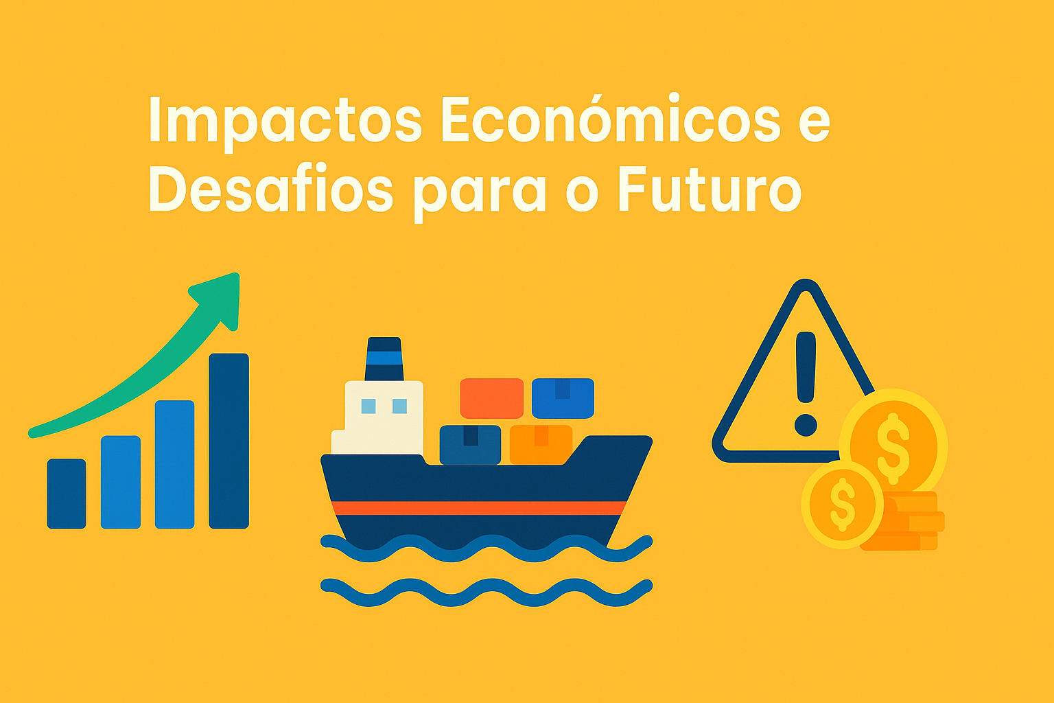 Infográfico colorido com gráfico de crescimento, navio cargueiro e símbolo de alerta com moedas, representando os impactos econômicos e desafios futuros da indústria naval.