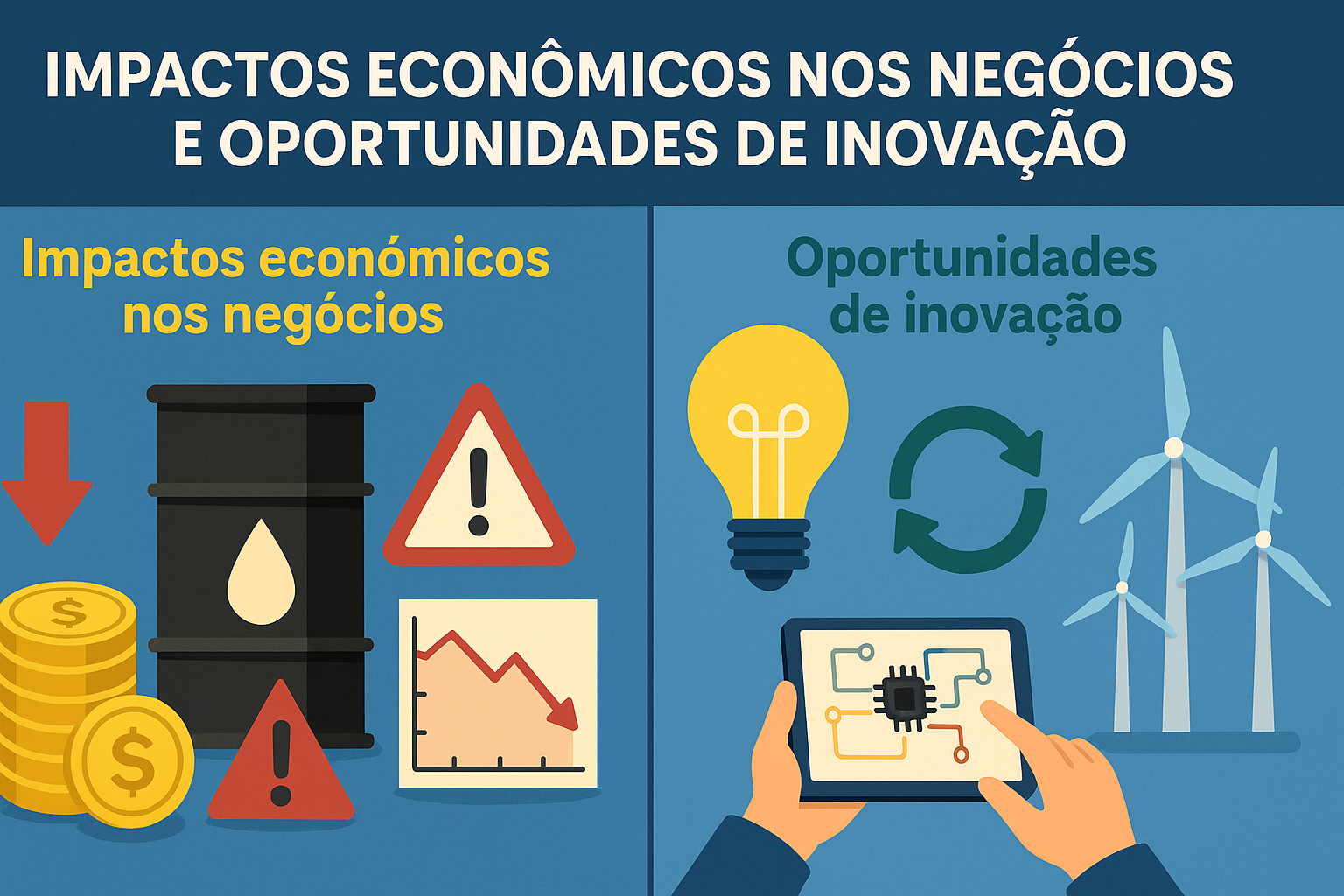 Infográfico dividido em dois lados: à esquerda, símbolos de impacto econômico como queda de preços, barril de petróleo e gráficos negativos; à direita, ícones de inovação como lâmpada, turbinas eólicas e tecnologia.