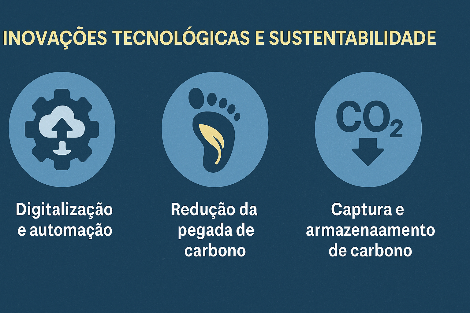 Infográfico ilustrando inovações tecnológicas e sustentabilidade no setor de petróleo e gás, com ícones representando digitalização, redução da pegada de carbono e captura de carbono.