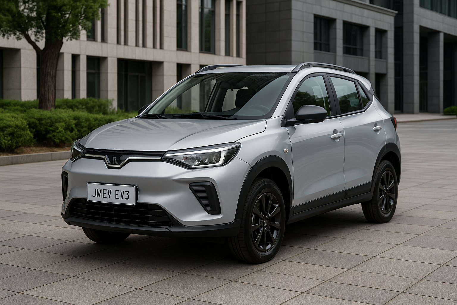 JMEV EV3 elétrico prateado com câmbio manual em área urbana