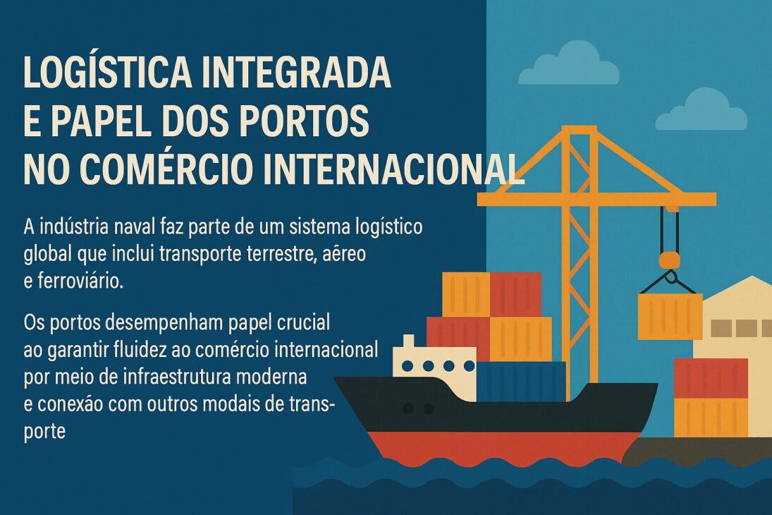 Infográfico ilustrando a integração logística e o papel dos portos no comércio internacional, com um navio cargueiro, contêineres coloridos, guindaste portuário e texto explicativo ao lado esquerdo da imagem.