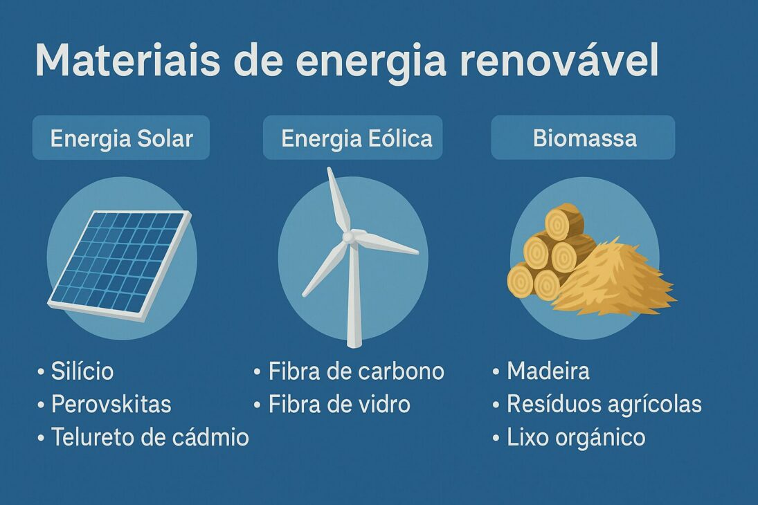 Infográfico ilustrando os materiais utilizados em três fontes de energia renovável: solar, eólica e biomassa.