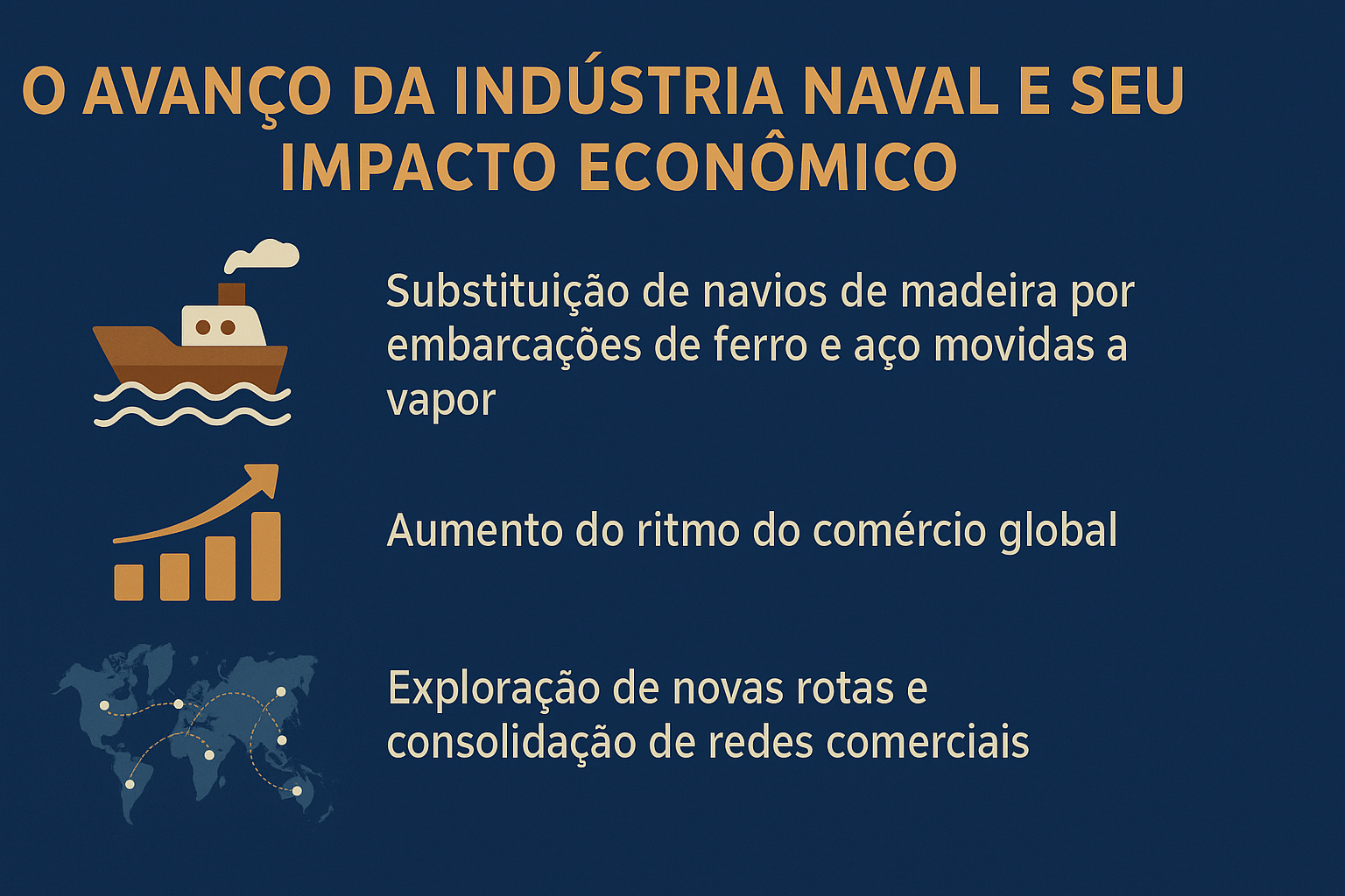 Infográfico ilustrando o avanço da indústria naval e seu impacto econômico, com ícones de navio, gráfico de crescimento e mapa-múndi com rotas comerciais.